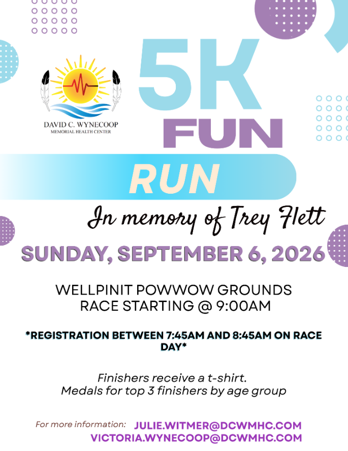 flyer for 5K fun run on Sunday September 6 on Pow wow grounds